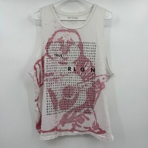 True Religion Tank Top Men Large White Red Buddha Kanji Sleeveless Lightweight